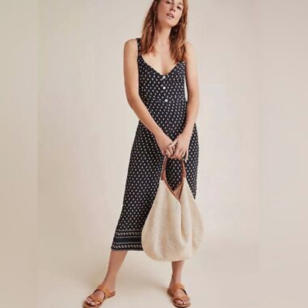 Faithfull the Brand Black Midi Slip Dress with Small White Print